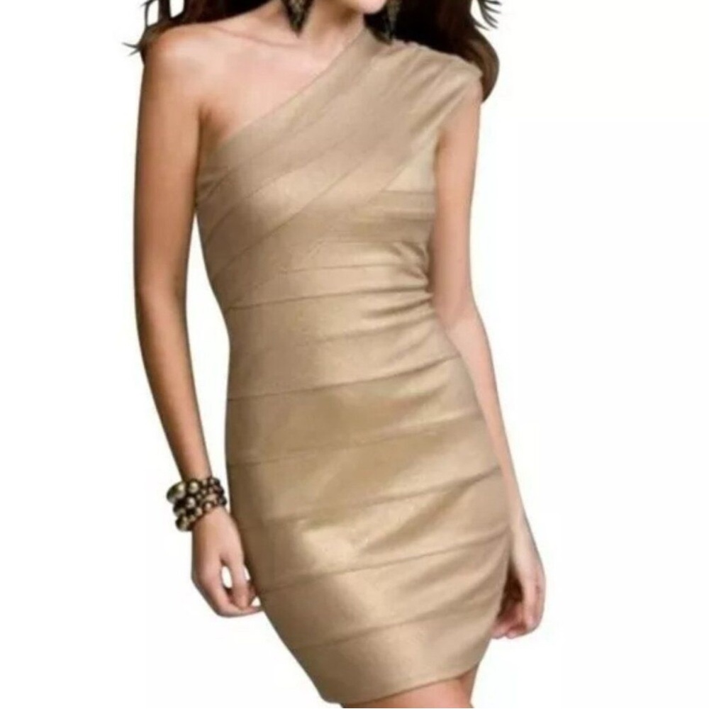 Gold Cocktail Mini Dress, Strapless One-Side.